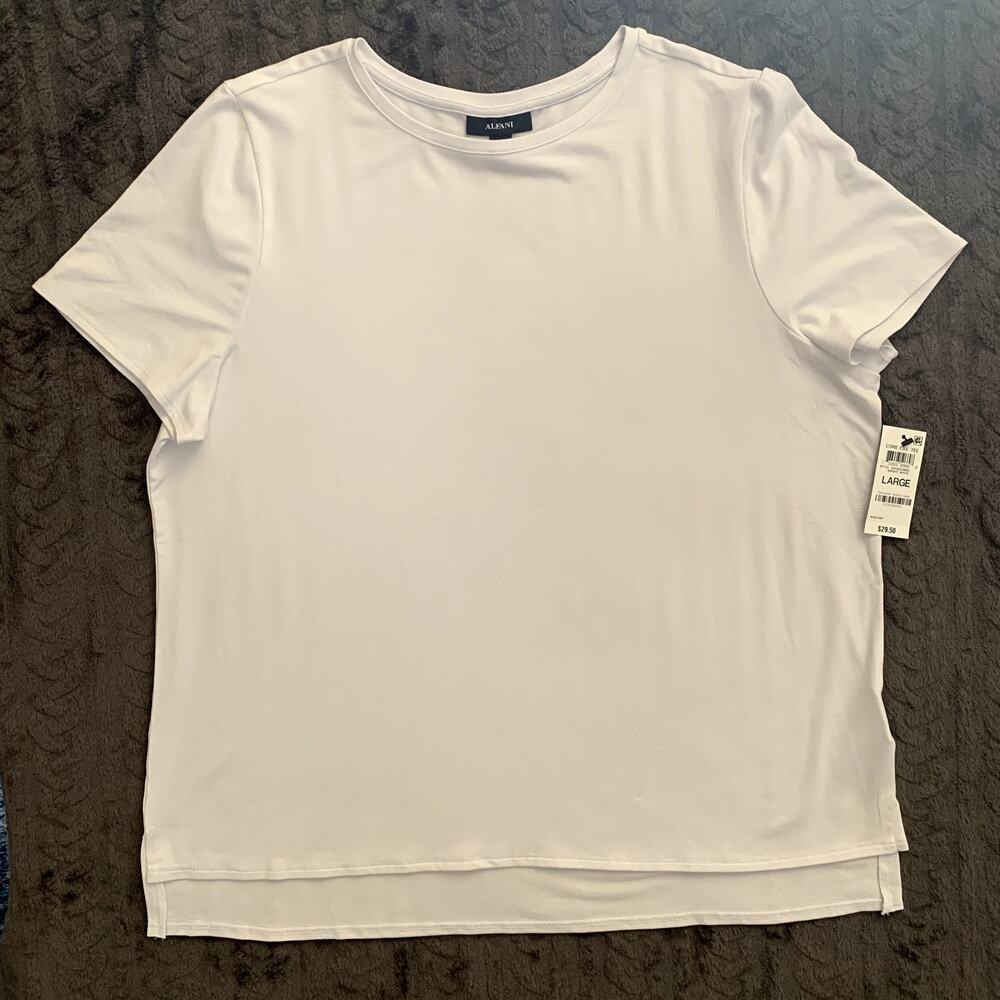 Alfani White Drop Hem Crew Neck Short Sleeve Stretchy T Shirt Women's Size L NWT
